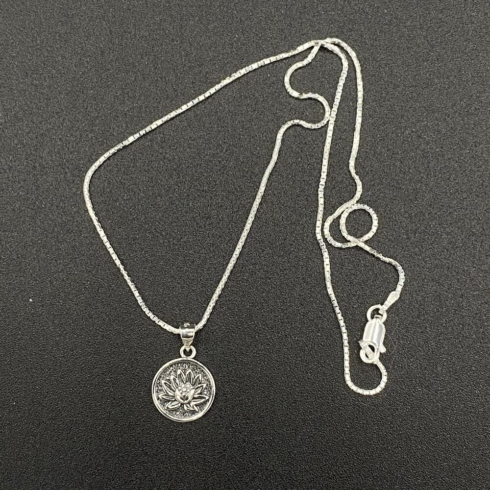 Lotus Flower Sterling Silver Disc Pendant Necklace
